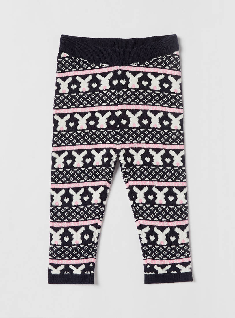 Jacquard Bunny Print Sweater Leggings with Elasticated Waistband-Leggings & Jeggings-image-0