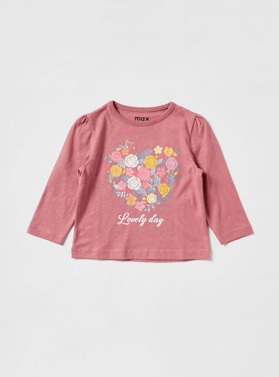 Floral Print Round Neck T-shirt with Long Sleeves