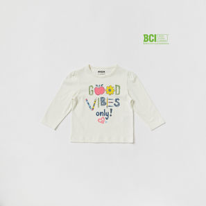 Slogan Print Crew Neck BCI Cotton T-shirt with Long Sleeves