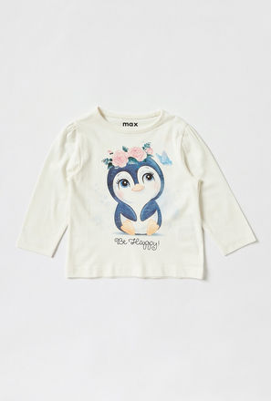 Penguin Print T-shirt with Round Neck and Long Sleeves