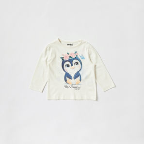 Penguin Print T-shirt with Round Neck and Long Sleeves