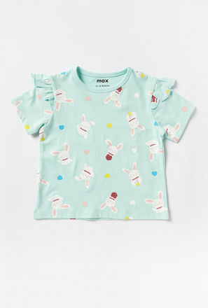 Bunny Glitter Print T-shirt with Frill Detail and Short Sleeves