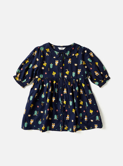 All-Over Print Dress with Peter Pan Collar and Elbow Sleeves