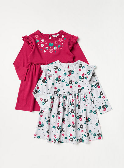 Set of 2 - Floral Print Dress with Ruffles and Long Sleeves