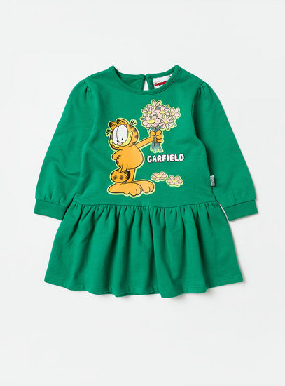 Garfield Print Sweat Dress with Long Sleeves and Button Closure