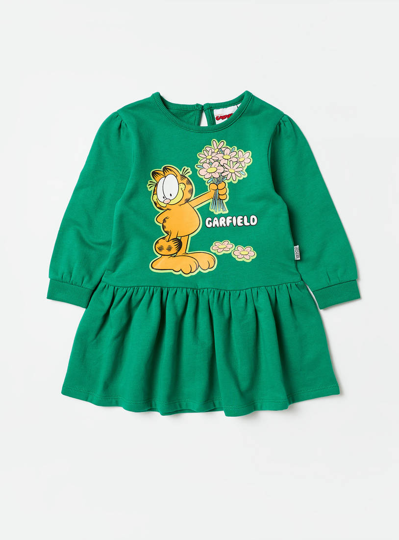 Garfield Print Sweat Dress with Long Sleeves and Button Closure-Casual Dresses-image-0
