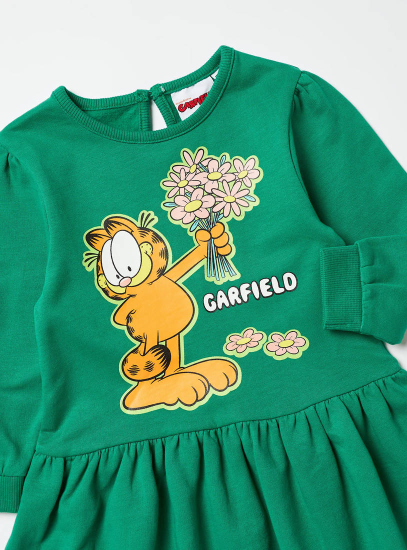 Garfield Print Sweat Dress with Long Sleeves and Button Closure-Casual Dresses-image-1
