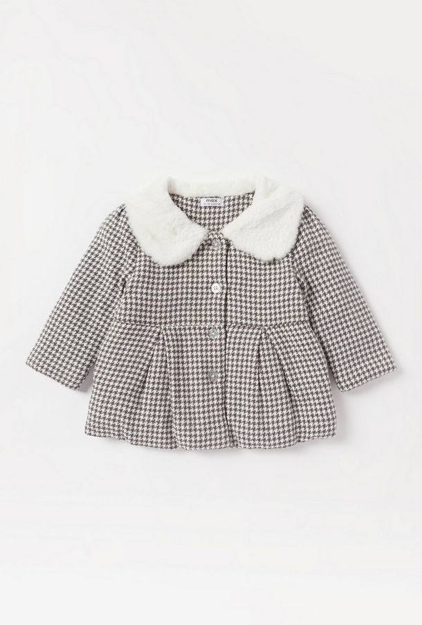 Houndstooth Textured Coat with Peter Pan Collar and Long Sleeves-undefined-2