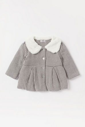 Houndstooth Textured Coat with Peter Pan Collar and Long Sleeves
