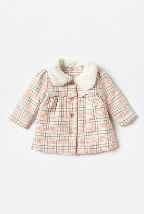 Checked Princess Coat with Long Sleeves and Plush Collar
