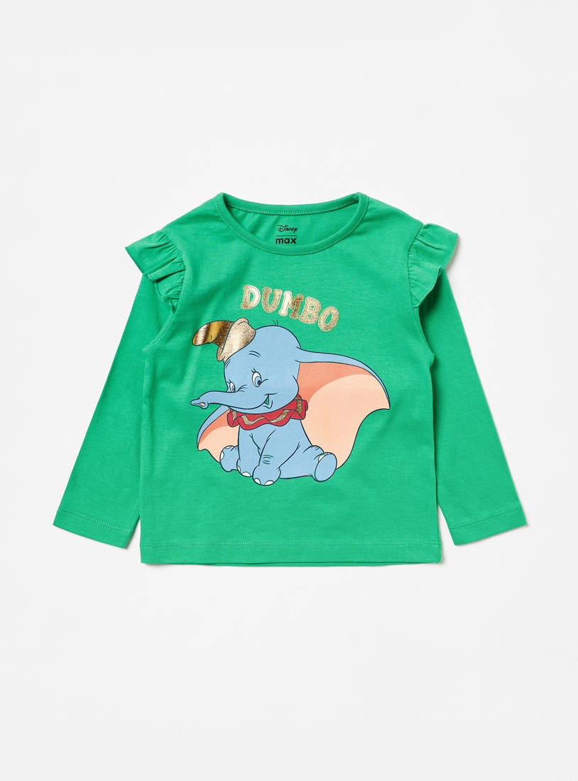 Dumbo Print T-shirt with Ruffles and Long Sleeves-T-shirts-image-0