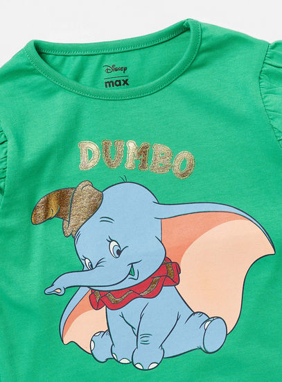 Dumbo Print T-shirt with Ruffles and Long Sleeves