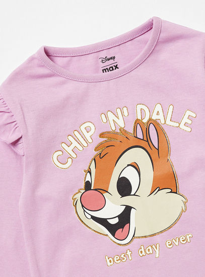 Chip and Dale Print Round Neck T-shirt with Long Sleeves and Ruffle Detail