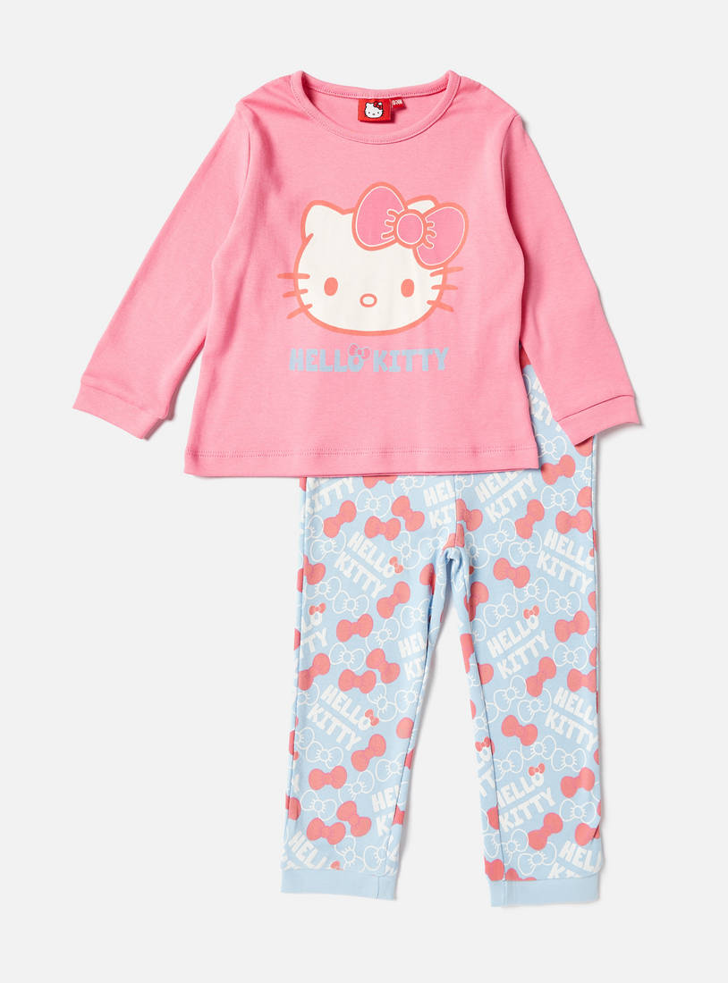 Hello Kitty Print Round Neck T-shirt and Pyjama Set-Pyjama Sets-image-0