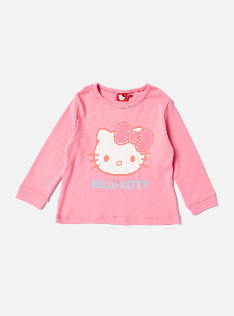 Hello Kitty Print Round Neck T-shirt and Pyjama Set-Pyjama Sets-image-1