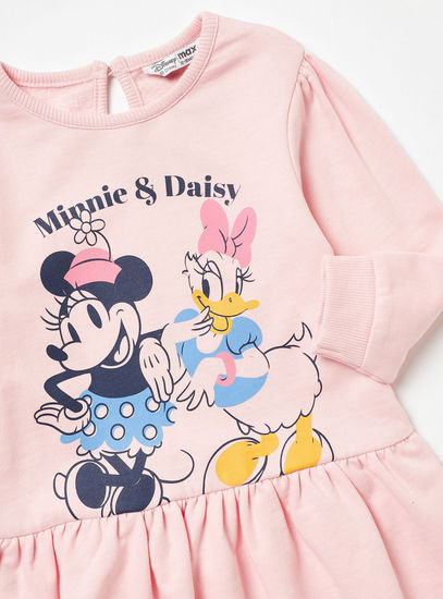 Minnie & Daisy Print Sweat Dress with Long Sleeves and Button Closure