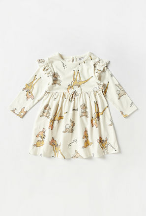 All Over Bambi Print A-line Dress with Ruffles and Long Sleeves