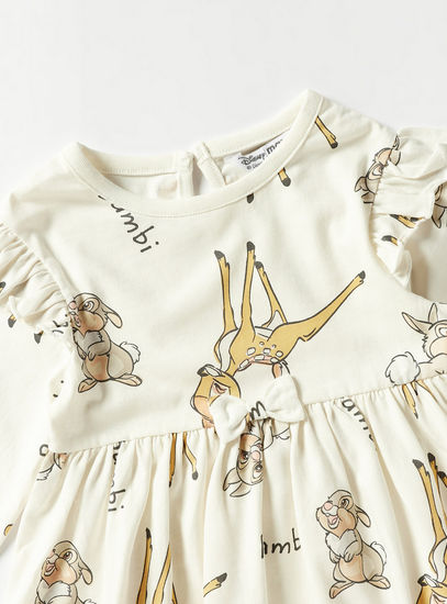 All Over Bambi Print A-line Dress with Ruffles and Long Sleeves