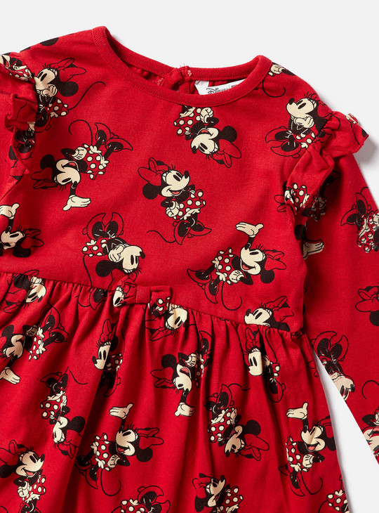 All Over Minnie Mouse Print A-line Dress with Ruffles and Long Sleeves