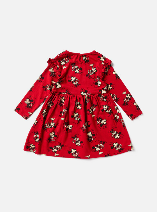 All Over Minnie Mouse Print A-line Dress with Ruffles and Long Sleeves