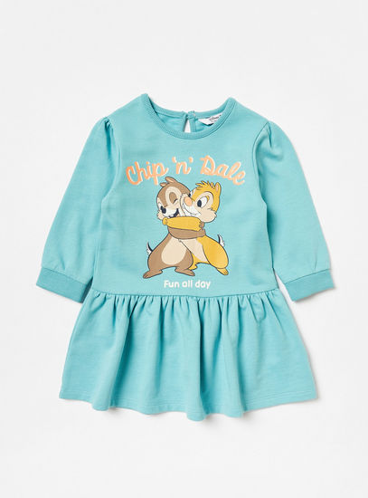 Chip 'N' Dale Print Sweat Dress with Long Sleeves and Button Closure