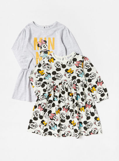Set of 2 - Mickey and Minnie Print A-line Dress with Long Sleeves