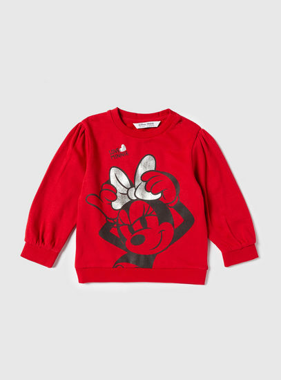 Minnie Mouse Foil Print Sweatshirt with Puff Sleeves and Shoulder Button Closure