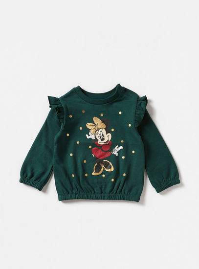 Minnie Mouse Print Crew Neck Sweatshirt with Ruffle Detail and Long Sleeves