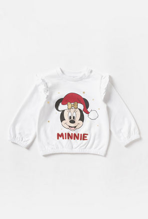 Minnie Mouse Print Sweatshirt with Long Sleeves and Ruffles