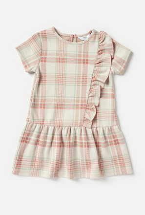 Checked Drop Waist Dress with Round Neck and Ruffle Detail