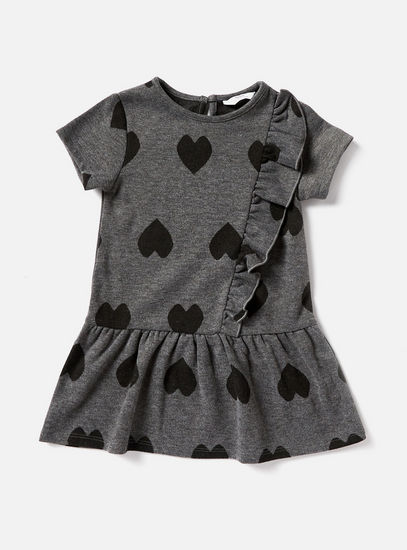 All Over Heart Print Drop Waist Dress with Short Sleeves and Ruffles