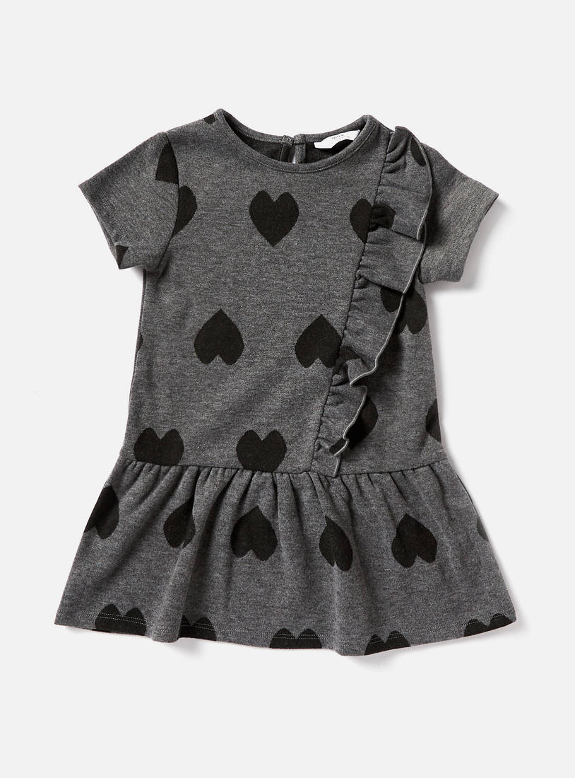All-Over Heart Print Drop Waist Dress with Short Sleeves and Ruffles-Casual Dresses-image-0