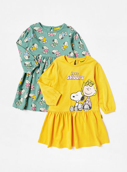 Set of 2 - Snoopy Print Drop Waist Dress with Long Sleeves