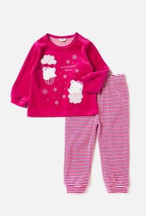 Kitty Printed Velour Long Sleeves T-shirt and Pyjama Set