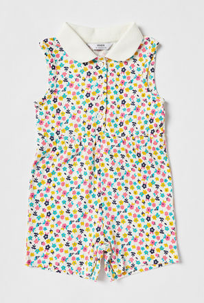 Floral Print Sleeveless Playsuit with Collar and Front Buttons