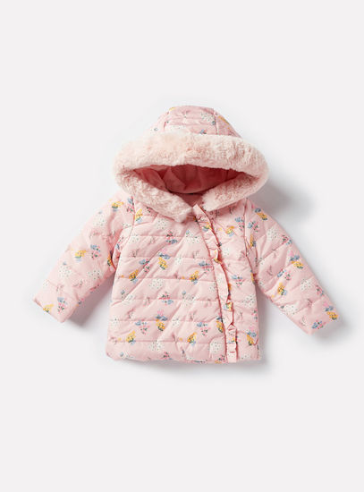 All-Over Floral Print Hooded Puffer Jacket with Frill Detail-Jackets-image-0
