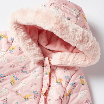 All-Over Floral Print Hooded Puffer Jacket with Frill Detail