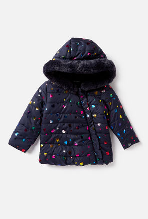 Foil Print Puffer Jacket with Hood and Plush Detail