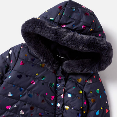 Foil Print Puffer Jacket with Hood and Plush Detail