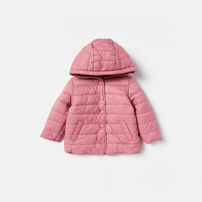 Solid Puffer Jacket with Hood and Button Closure