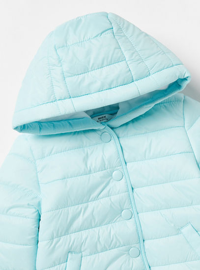 Solid Puffer Jacket with Hood and Snap Button Closure