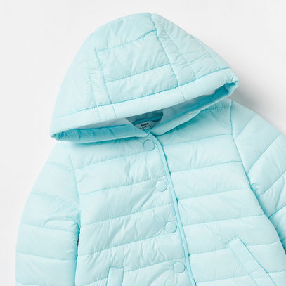 Solid Puffer Jacket with Hood and Snap Button Closure