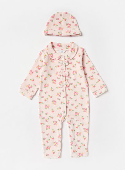 All-Over Floral Print Velour Sleepsuit with Long Sleeves and Cap