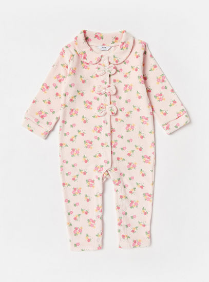 All-Over Floral Print Velour Sleepsuit with Long Sleeves and Cap