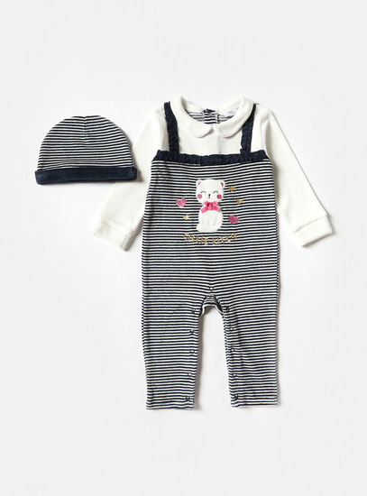 Kitty Applique Striped Velour Sleepsuit and Beanie Set-Sleepsuits-image-0