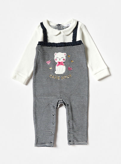 Kitty Applique Striped Velour Sleepsuit and Beanie Set-Sleepsuits-image-1
