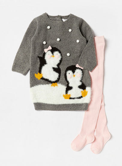 Penguin Applique Round Neck Sweater Dress with Stockings