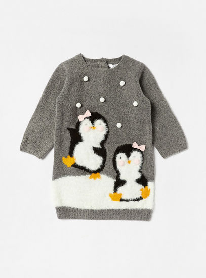 Penguin Applique Round Neck Sweater Dress with Stockings