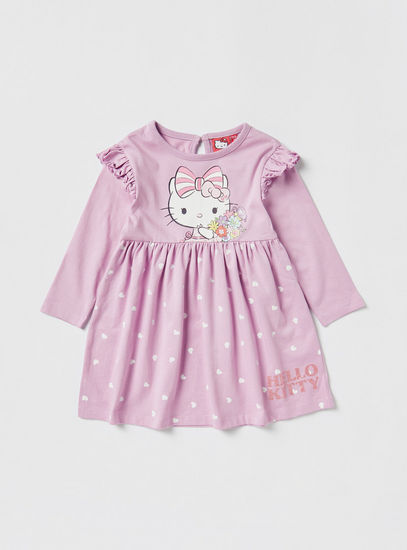 Hello Kitty Print A-line Dress with Long Sleeves and Ruffle Detail