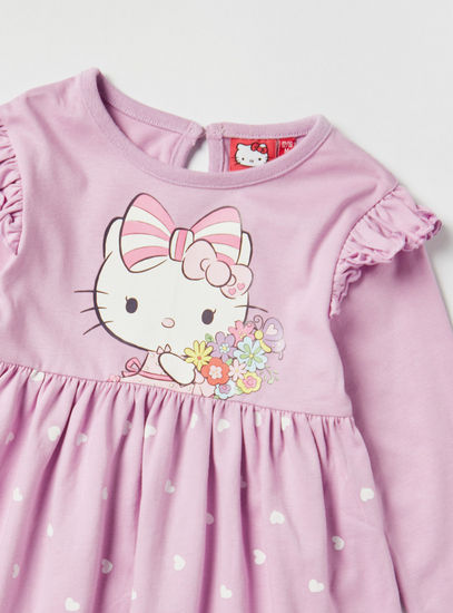 Hello Kitty Print A-line Dress with Long Sleeves and Ruffle Detail
